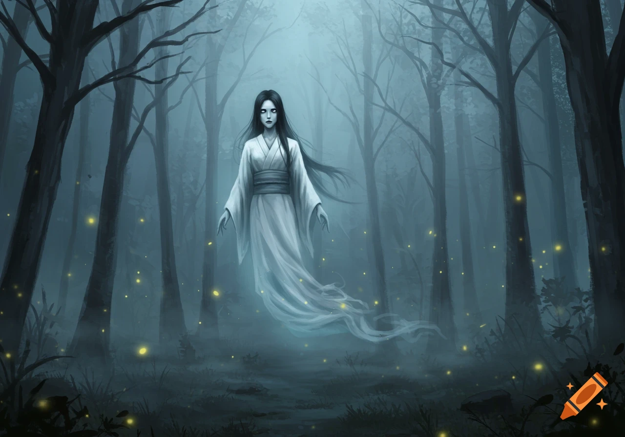A white-robed female ghost with long dark hair floats in a misty, dark forest with glowing fireflies in a digital art style.
