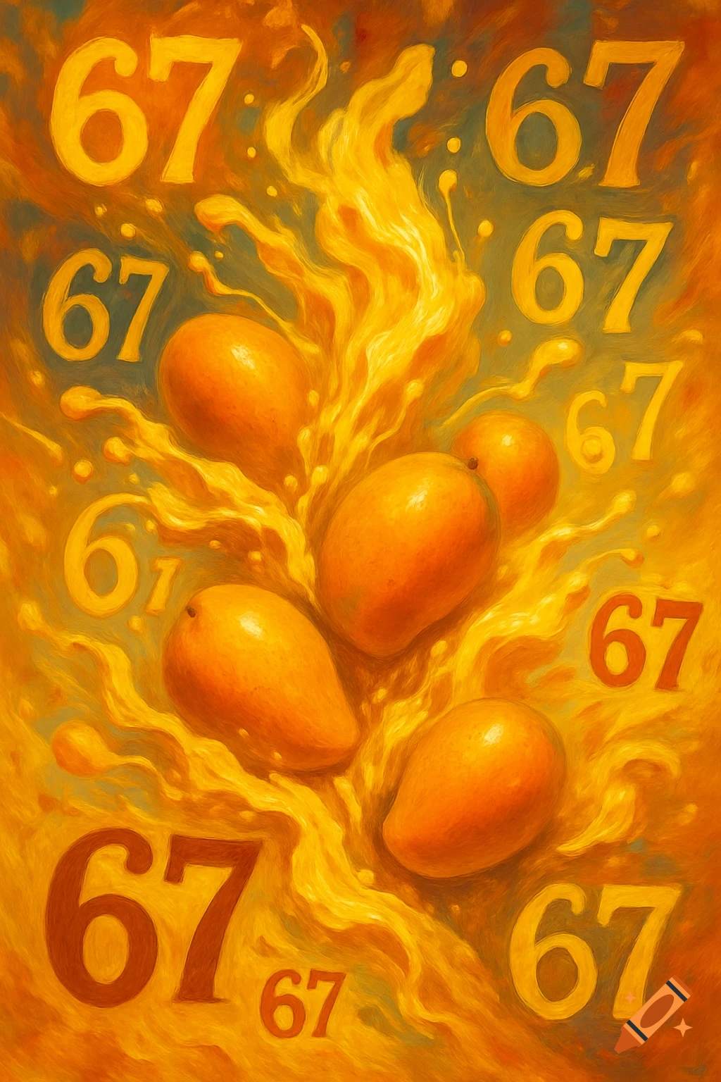 Painterly image of mangos emerging from a vibrant orange liquid splash, with scattered numbers '67' and '61'.