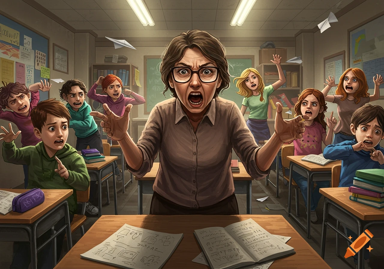 An angry teacher with glasses yells at a chaotic classroom of scared ...