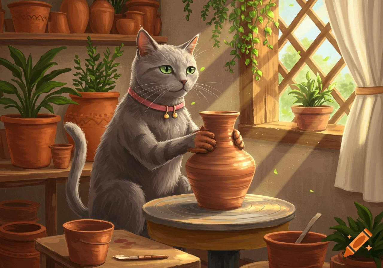 A grey cat wearing a pink collar with bells is making pottery on a wheel in a sunlit room filled with plants.