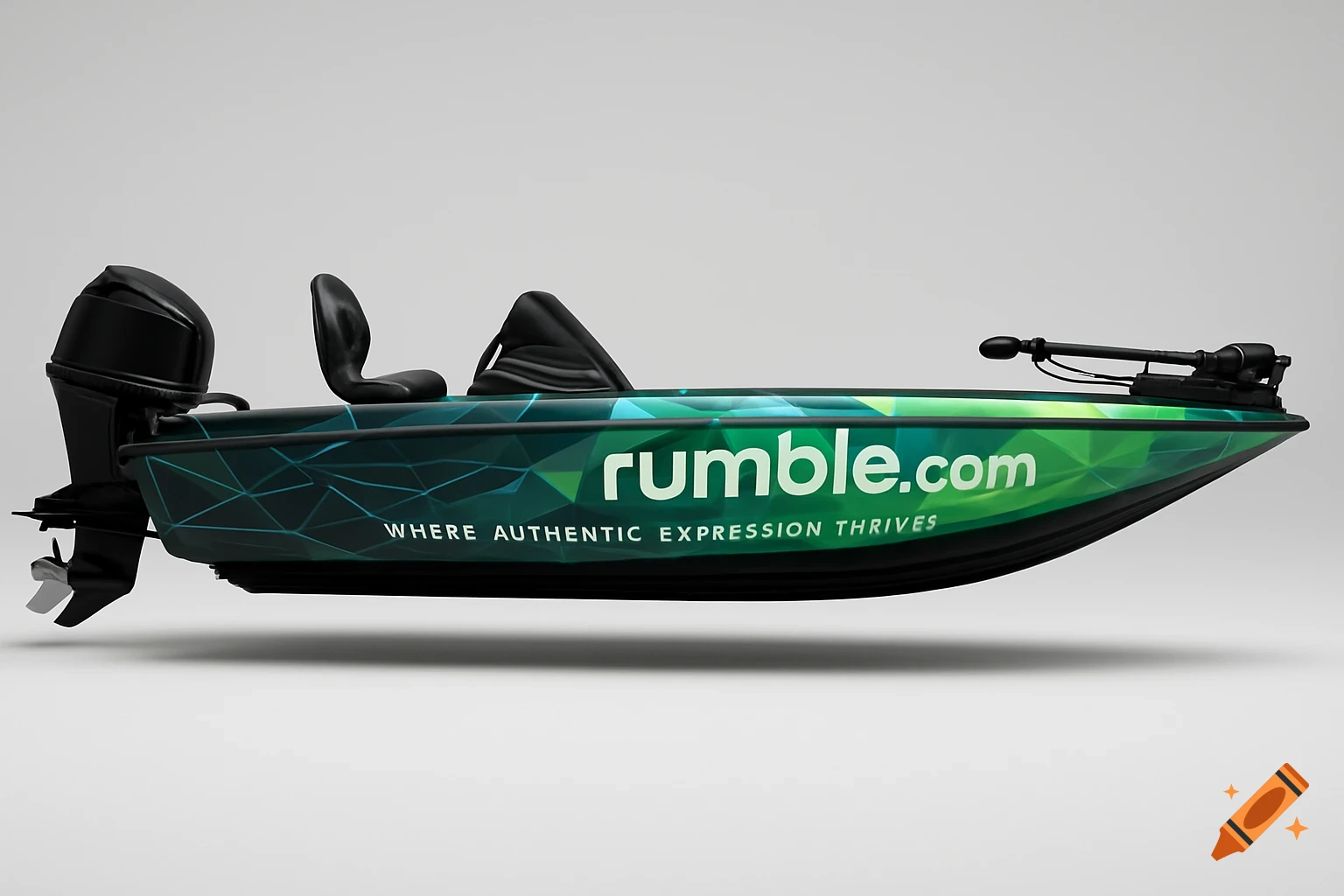 Green and black bassboat with "rumble.com" logo and tagline, viewed from the side against a white background.