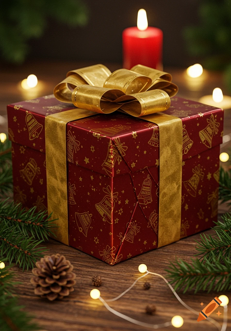 A red Christmas gift box with gold ribbon and bell patterns on a wooden table with pine branches, string lights, a pinecone, and a lit red candle in the background.