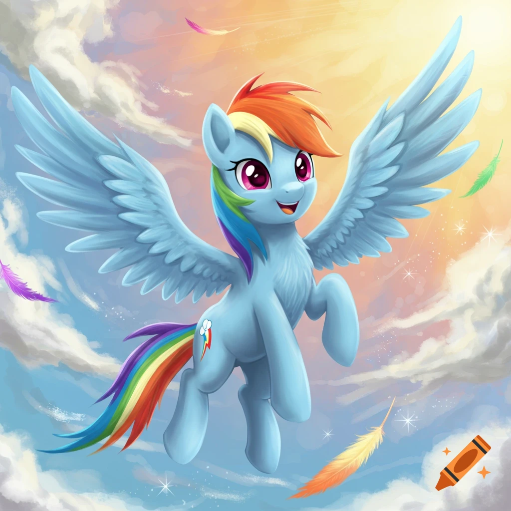 Rainbow Dash, a blue pegasus pony with a rainbow mane and tail, flies joyfully through a vibrant, cloudy sky with feathers.