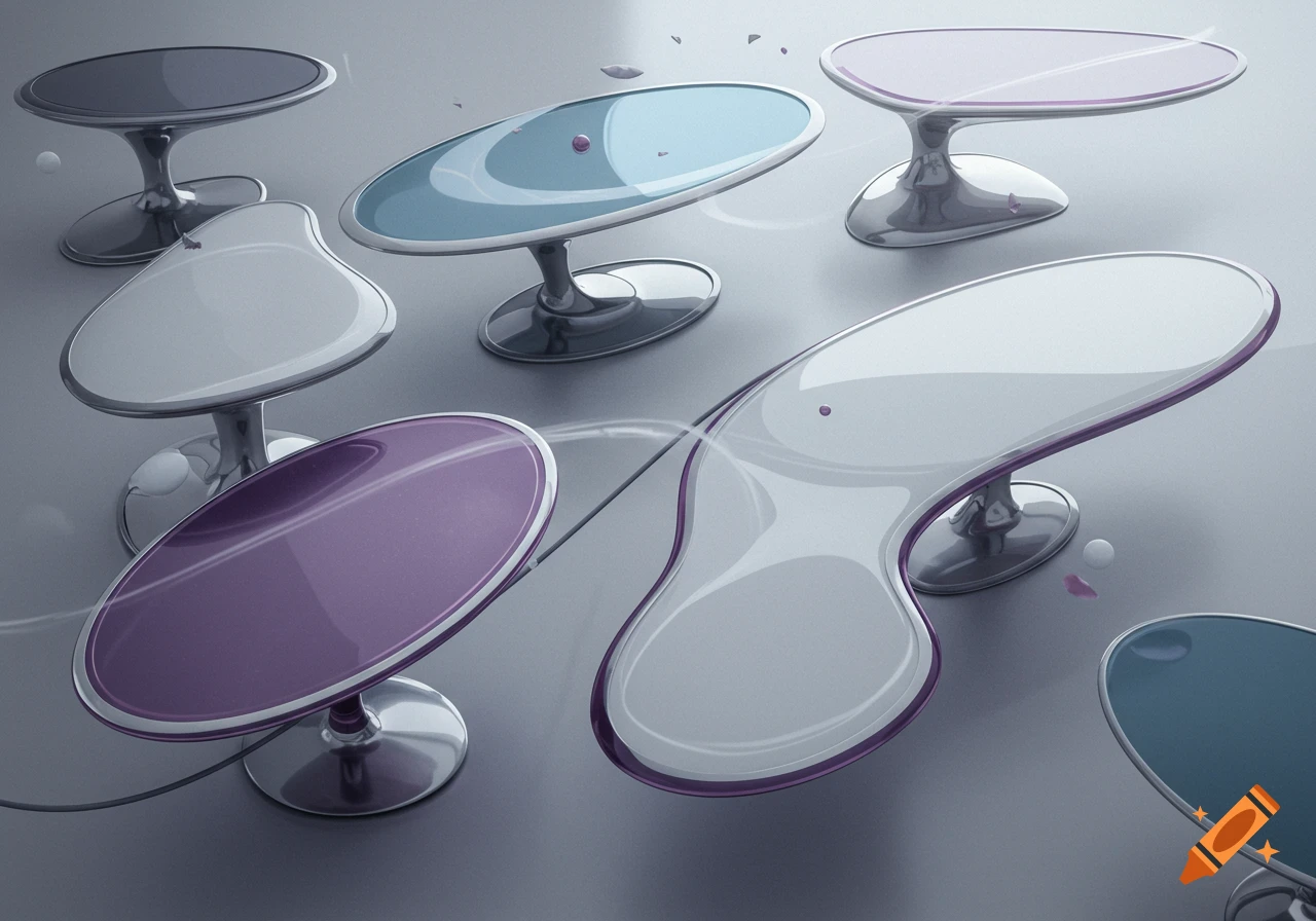 A collection of sleek, futuristic tables with abstract shapes in purple, blue, grey, and white on metallic bases, against a grey background.