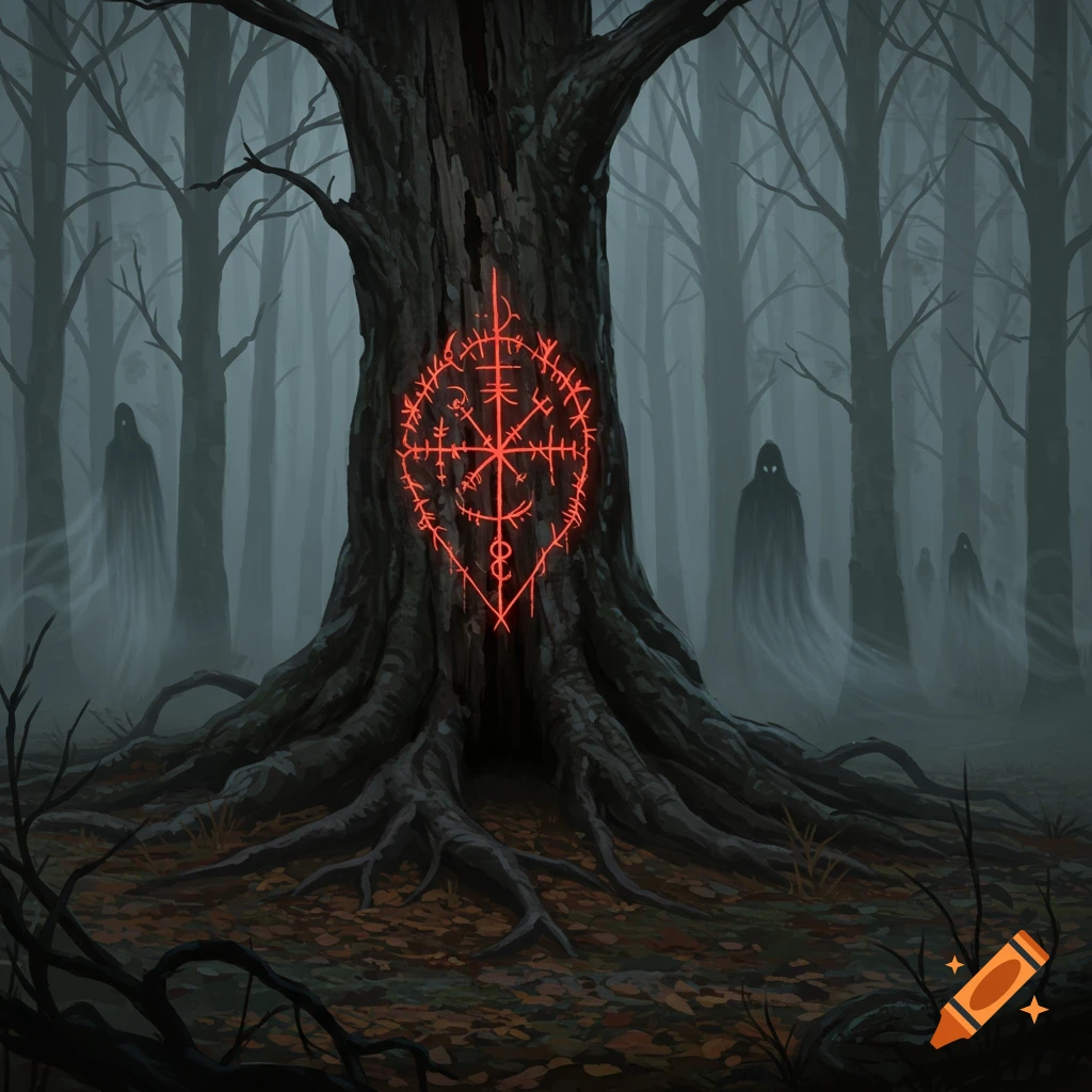 A glowing red arcane symbol carved into a gnarled tree in a misty, dark forest with silhouetted ghost figures.