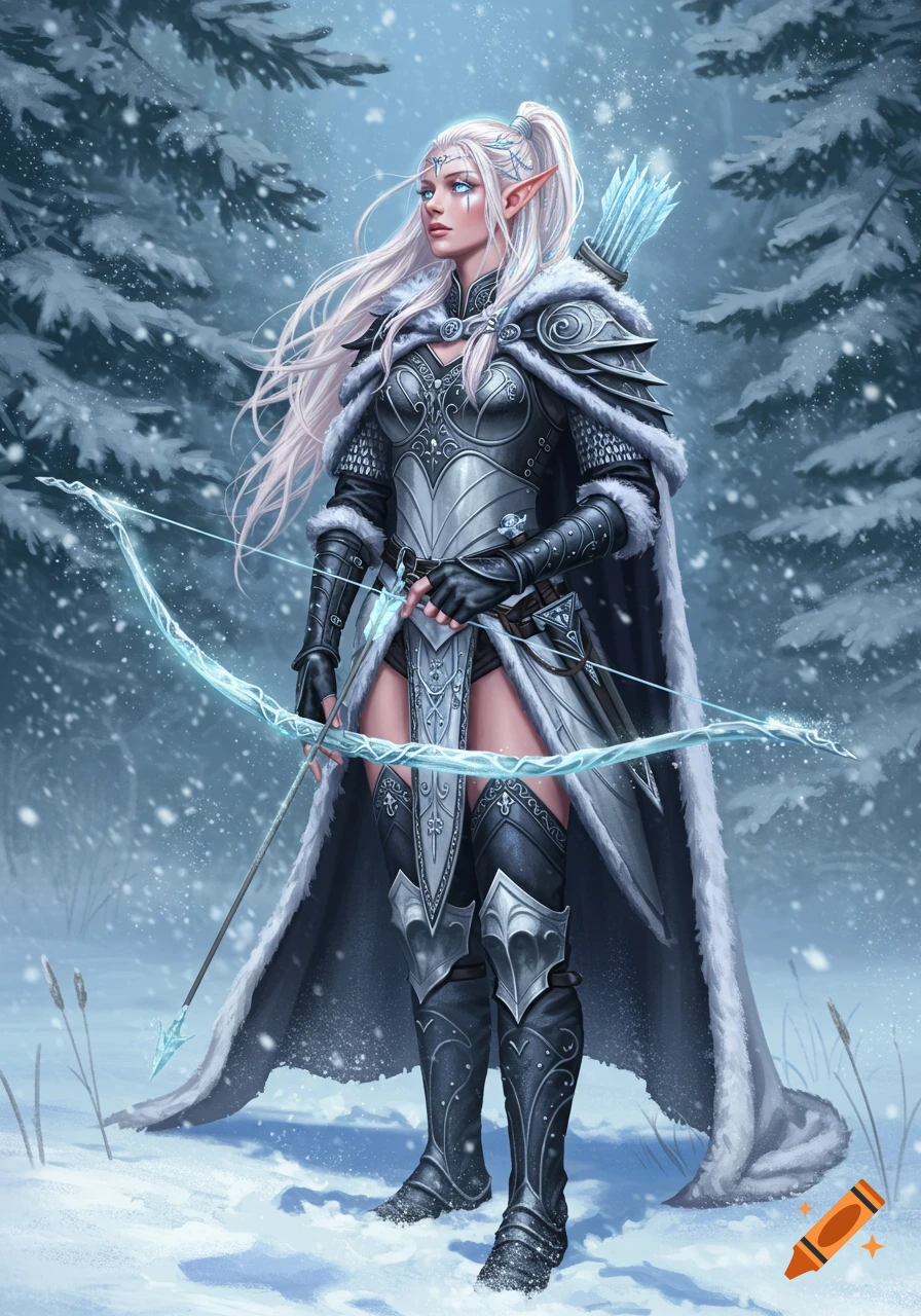A white-haired elven archer in ornate armor and a fur-lined cloak stands in a snowy forest, holding a glowing icy longbow. Fantasy art.