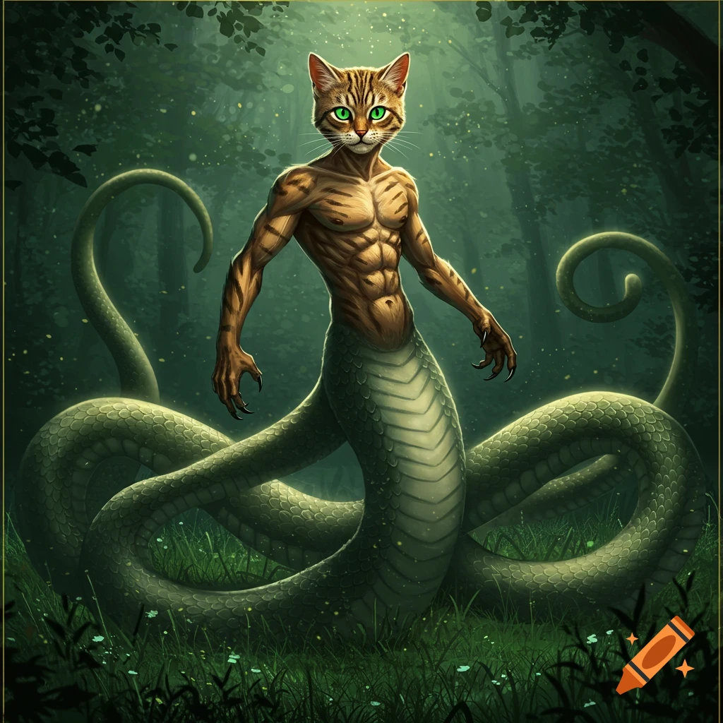 A creature with a tiger-striped cat head and muscular human-like torso, merging into a green snake body, stands in a dark forest.