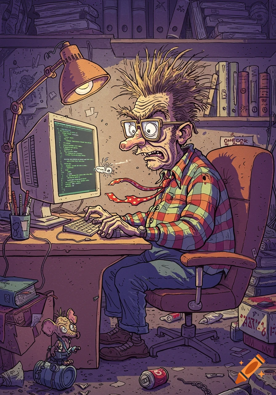 A cartoonish, stressed programmer with wild hair and large glasses intensely types at a computer in a messy room, in the Rat Fink style.