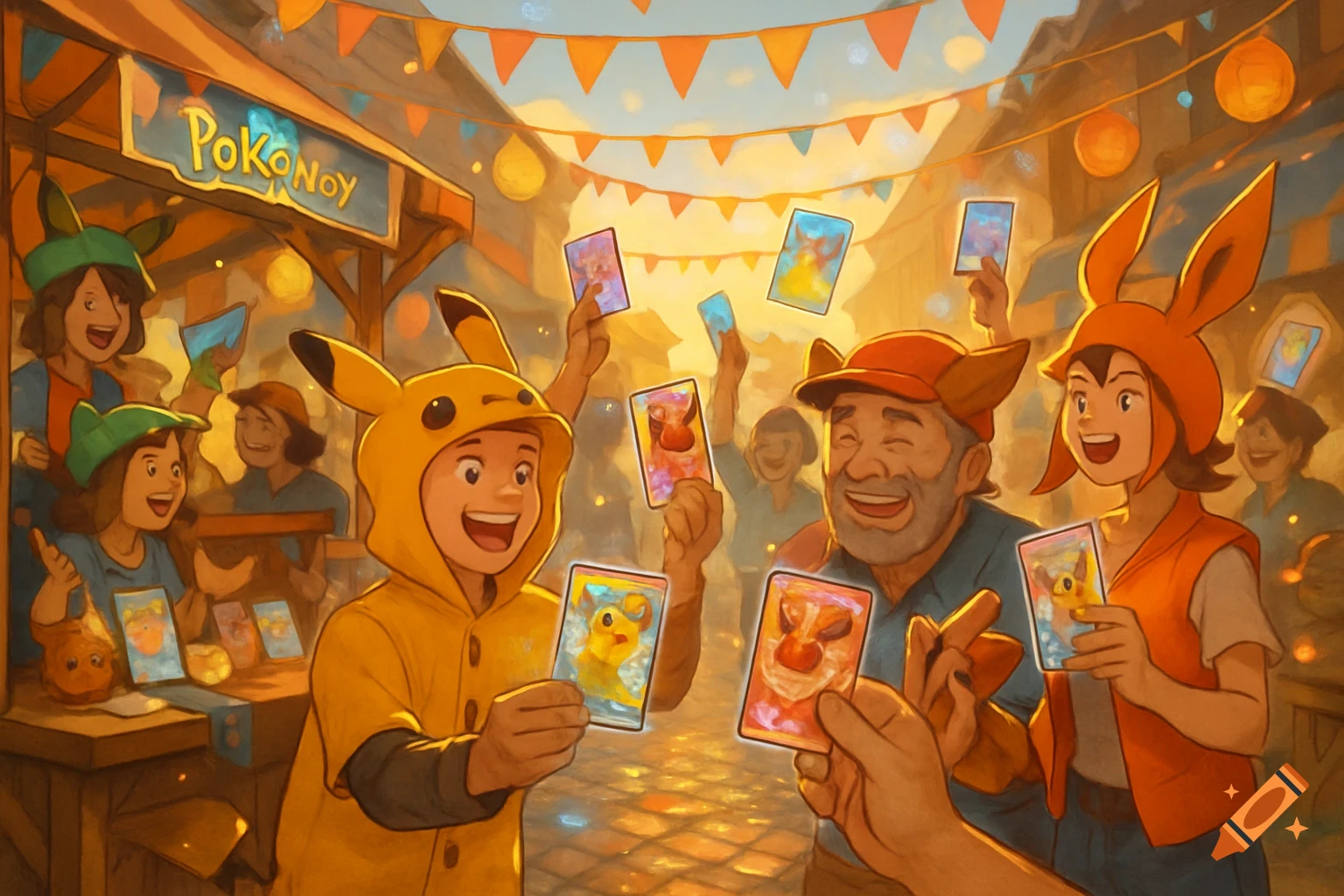 A lively market scene with people, some in animal costumes like Pikachu, enthusiastically holding up and trading colorful creature cards.