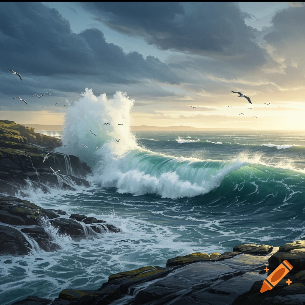 A dramatic seascape depicting large green waves crashing against dark, rugged rocks under a cloudy, stormy sky with seagulls flying.