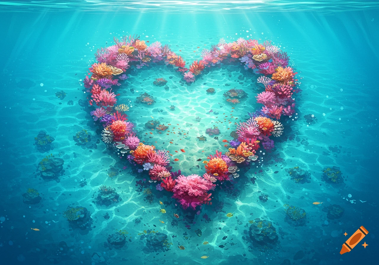 A vibrant, colorful heart-shaped coral reef in clear blue underwater with sunlight rays and small fish.
