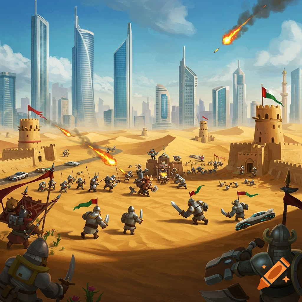 Stylized desert battle scene with cartoon warriors and castles in the foreground, and modern skyscrapers in the background.