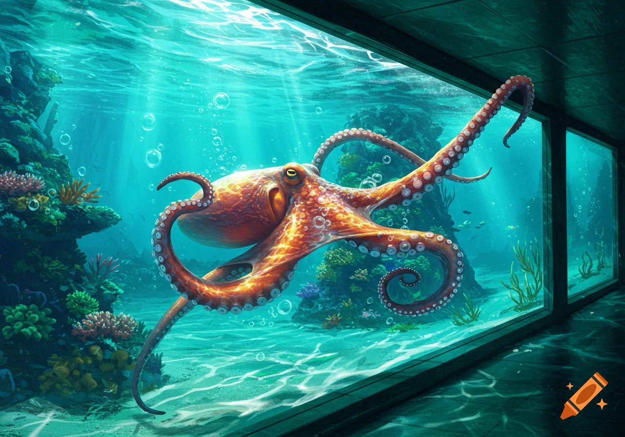 An orange octopus with long tentacles swims in a vibrant blue aquarium, surrounded by colorful coral and illuminated by light rays from above.