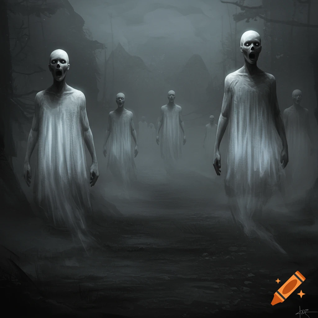 Pale, ghostly figures with distorted, screaming faces emerge from a dark, foggy forest in a horror art style.
