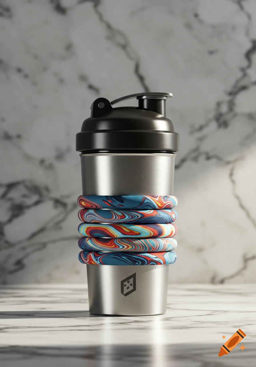 A matte silver stainless steel shaker bottle with a black lid and a colorful, abstract, marbled rope sleeve on a white marble background.