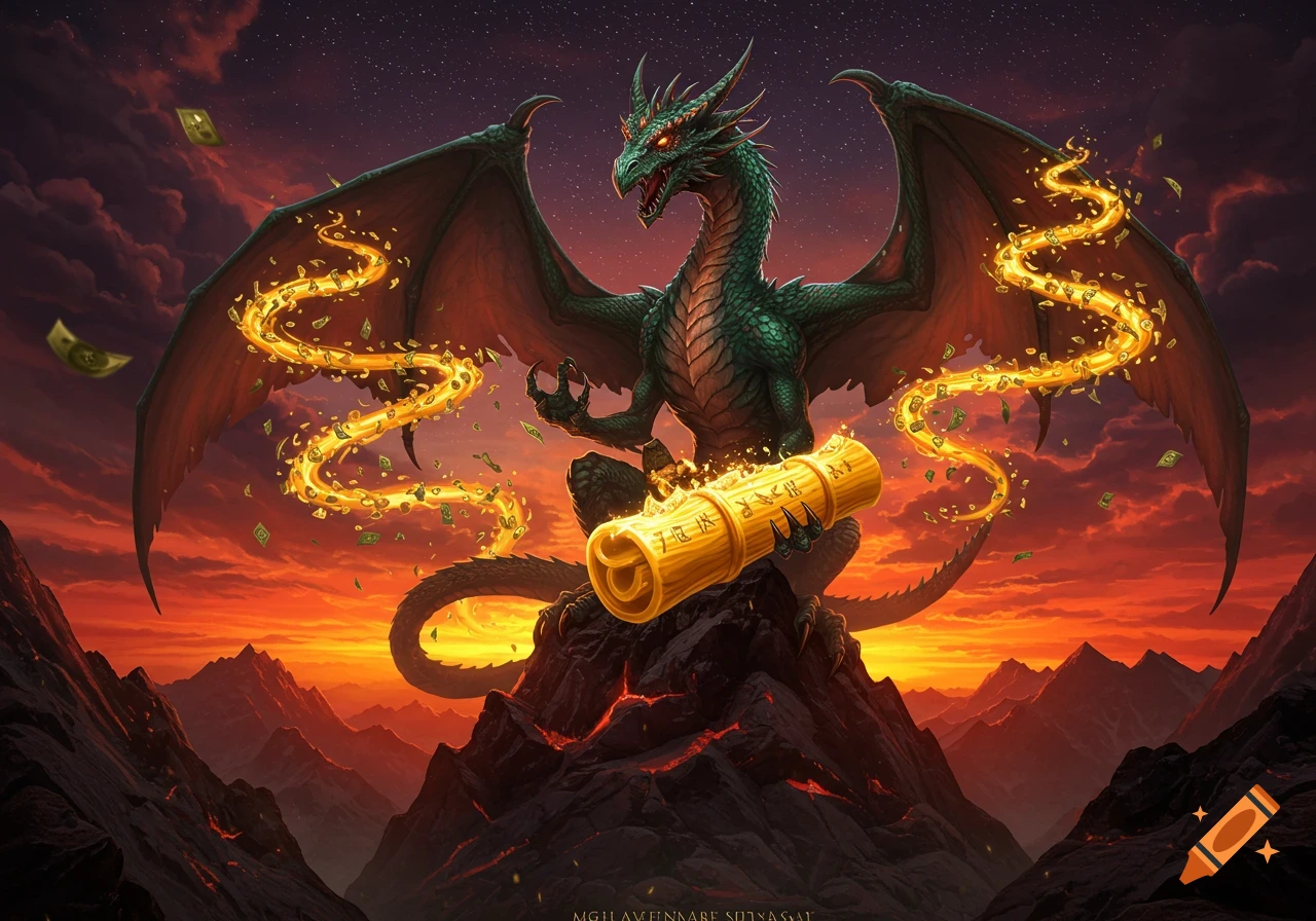 A majestic green dragon with widespread wings perches on a rocky mountain peak at sunset, holding a golden scroll while glowing money flows around it. Detailed fantasy art.
