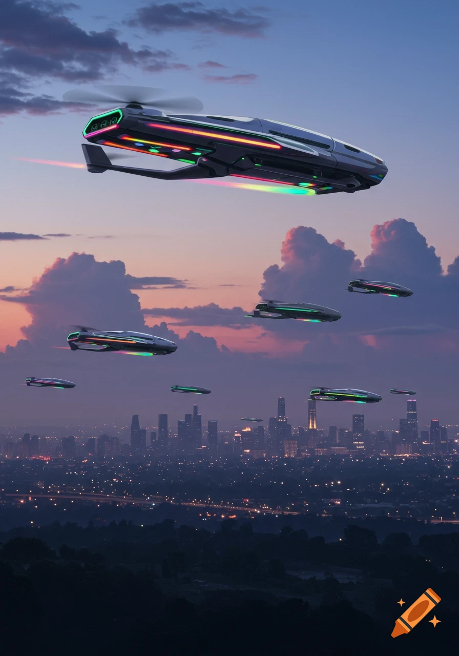 Futuristic drones with neon lights fly over a city skyline at dusk.