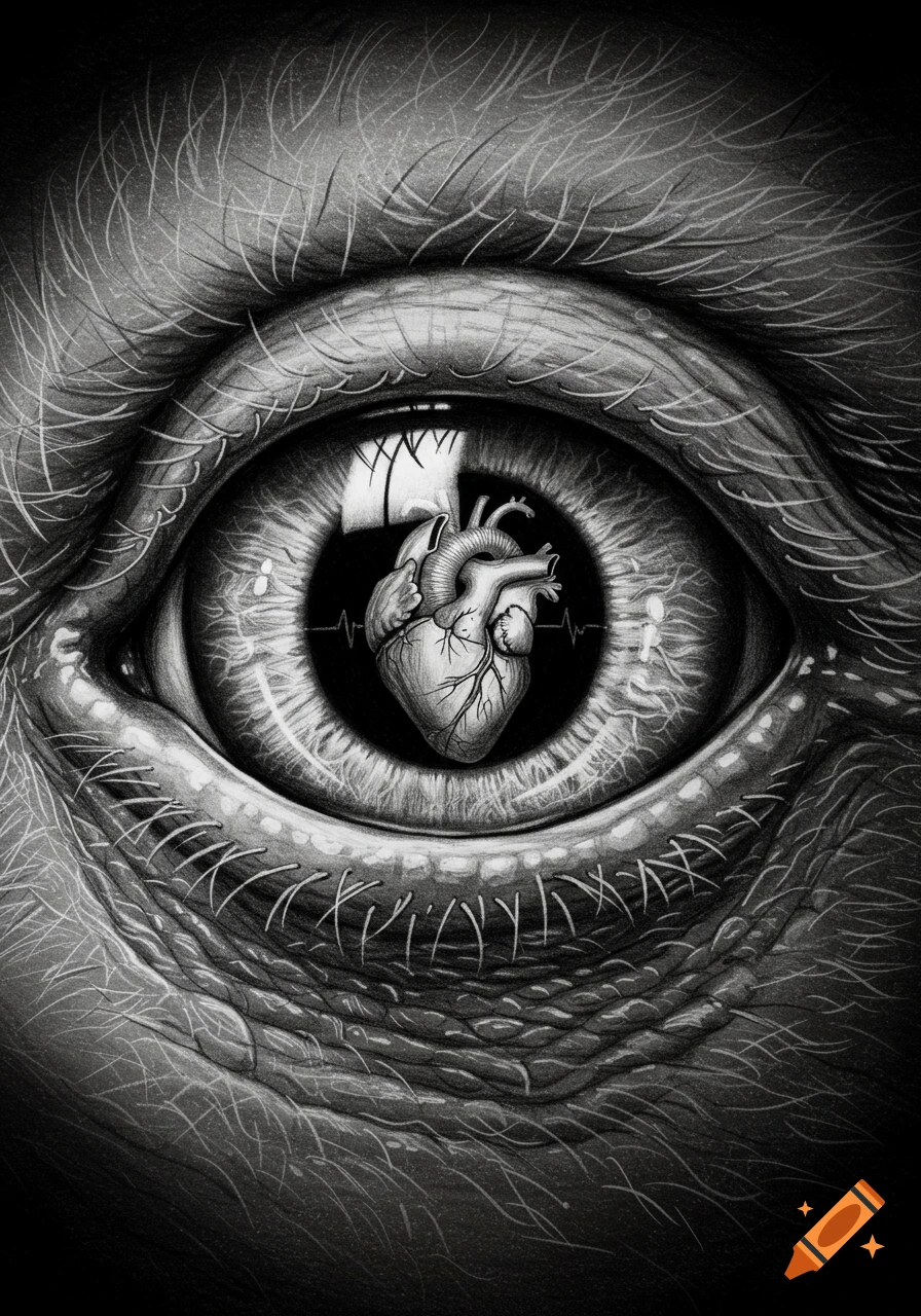 Pencil sketch of a large, detailed eye reflecting a human heart with an ECG line in its pupil, in a creepy gothic style.