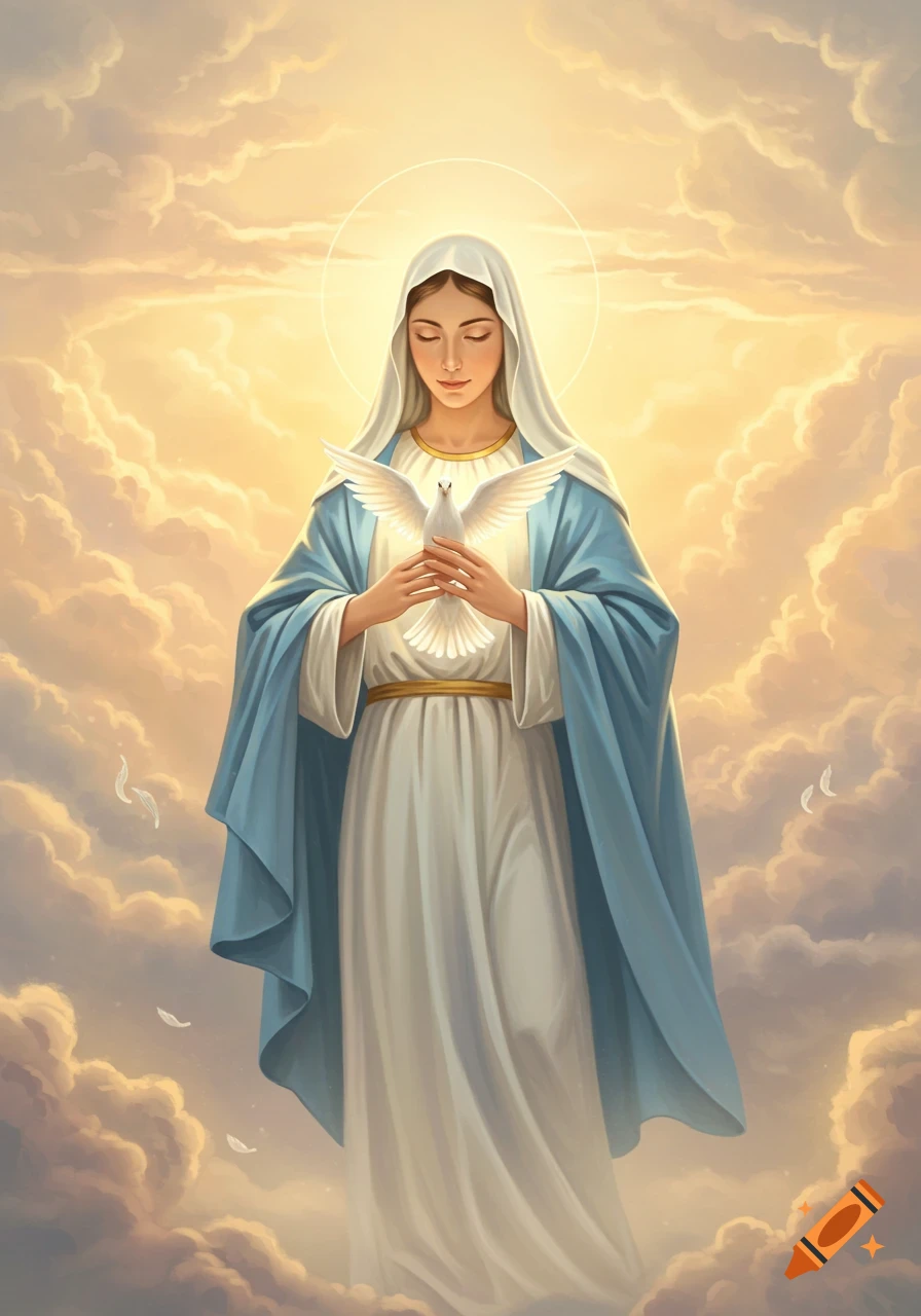 A serene illustration of the Virgin Mary in a white and blue gown, holding a white dove, surrounded by golden, glowing clouds.