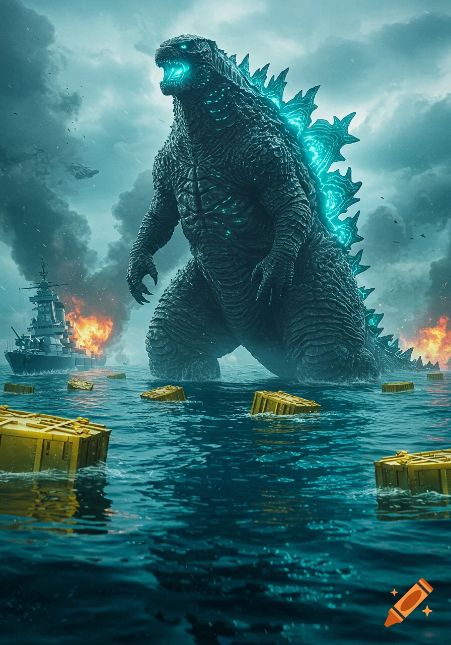 A colossal Godzilla with glowing turquoise eyes and back plates stands in a stormy ocean, a burning warship in the background and golden crates floating.