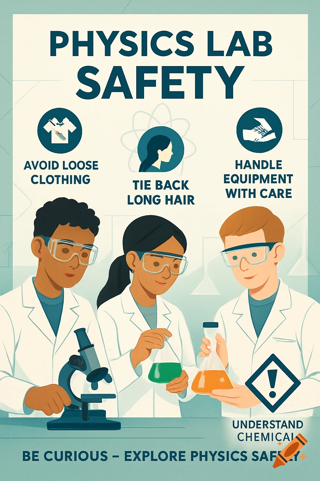 Illustration of three students in a physics lab with safety instructions, including 'Physics Lab Safety' and 'Avoid Loose Clothing'.