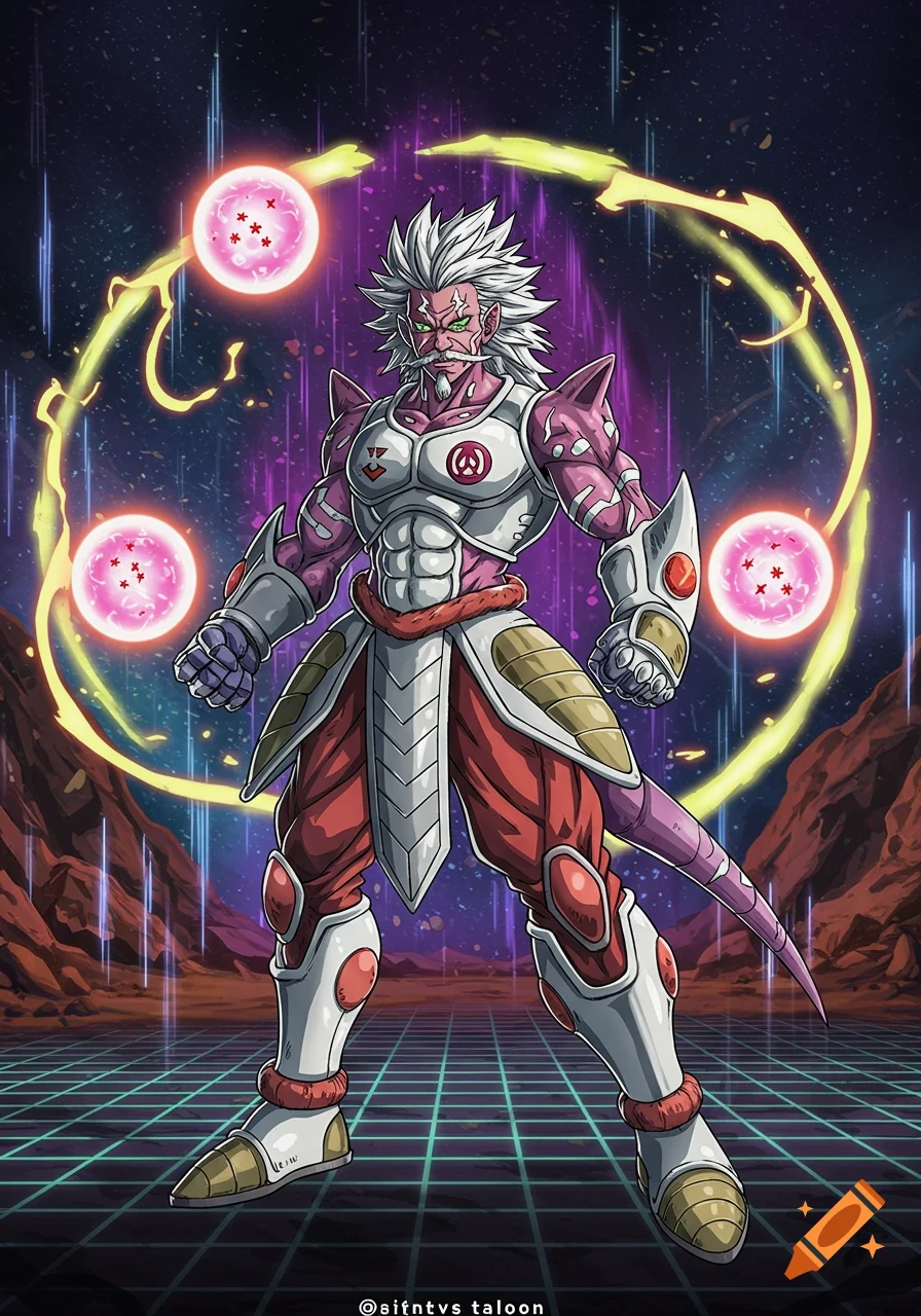 A muscular, purple-skinned, white-haired character in white and red armor stands with glowing energy spheres in a sci-fi landscape.