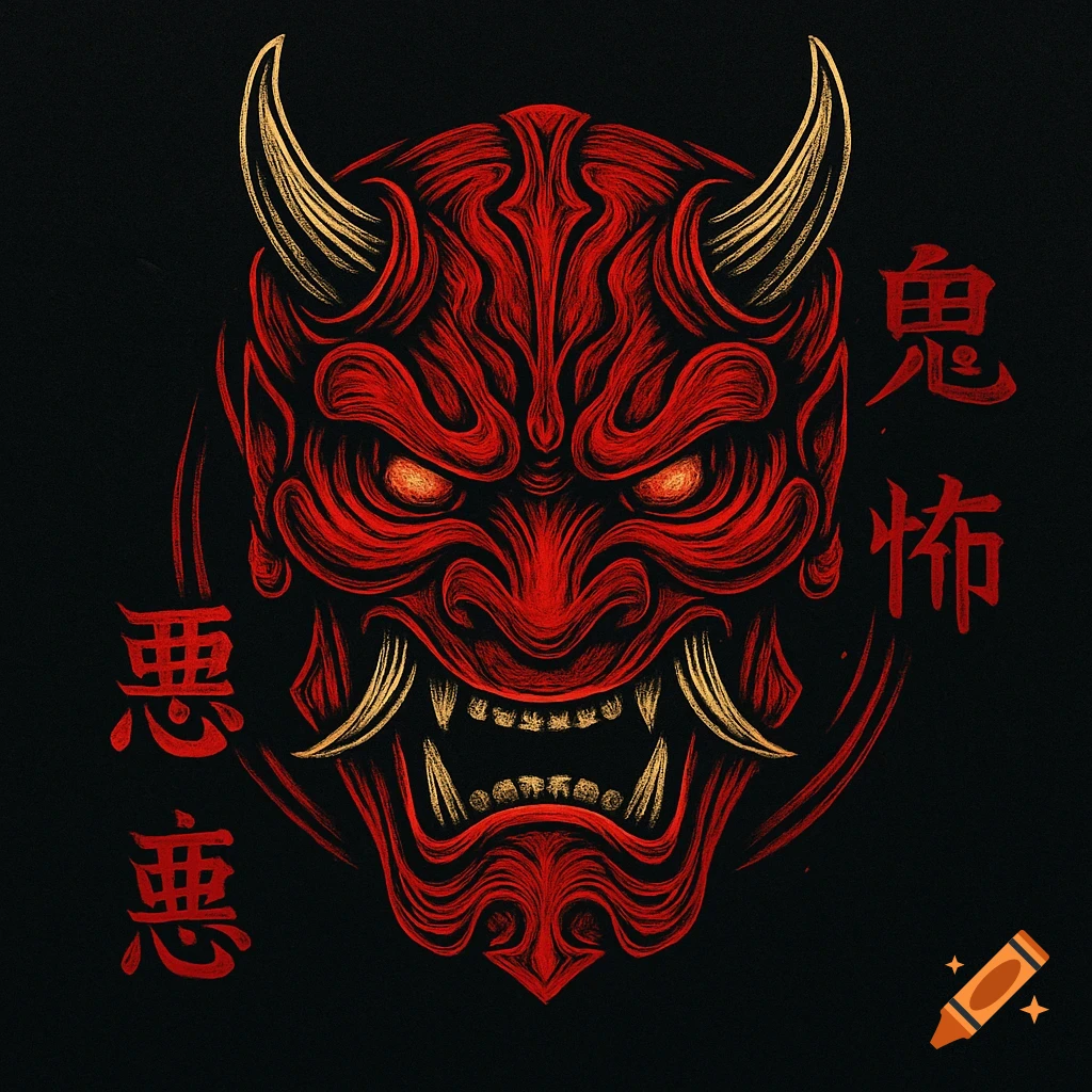 A vibrant red Japanese Oni mask with golden horns and fangs, featuring glowing eyes and stylized Kanji text on a black background.