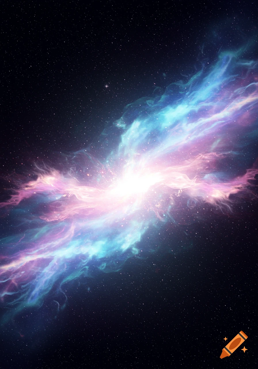 A vibrant nebula in deep space with glowing pink and blue gas emanating from a bright central light source, surrounded by countless stars.