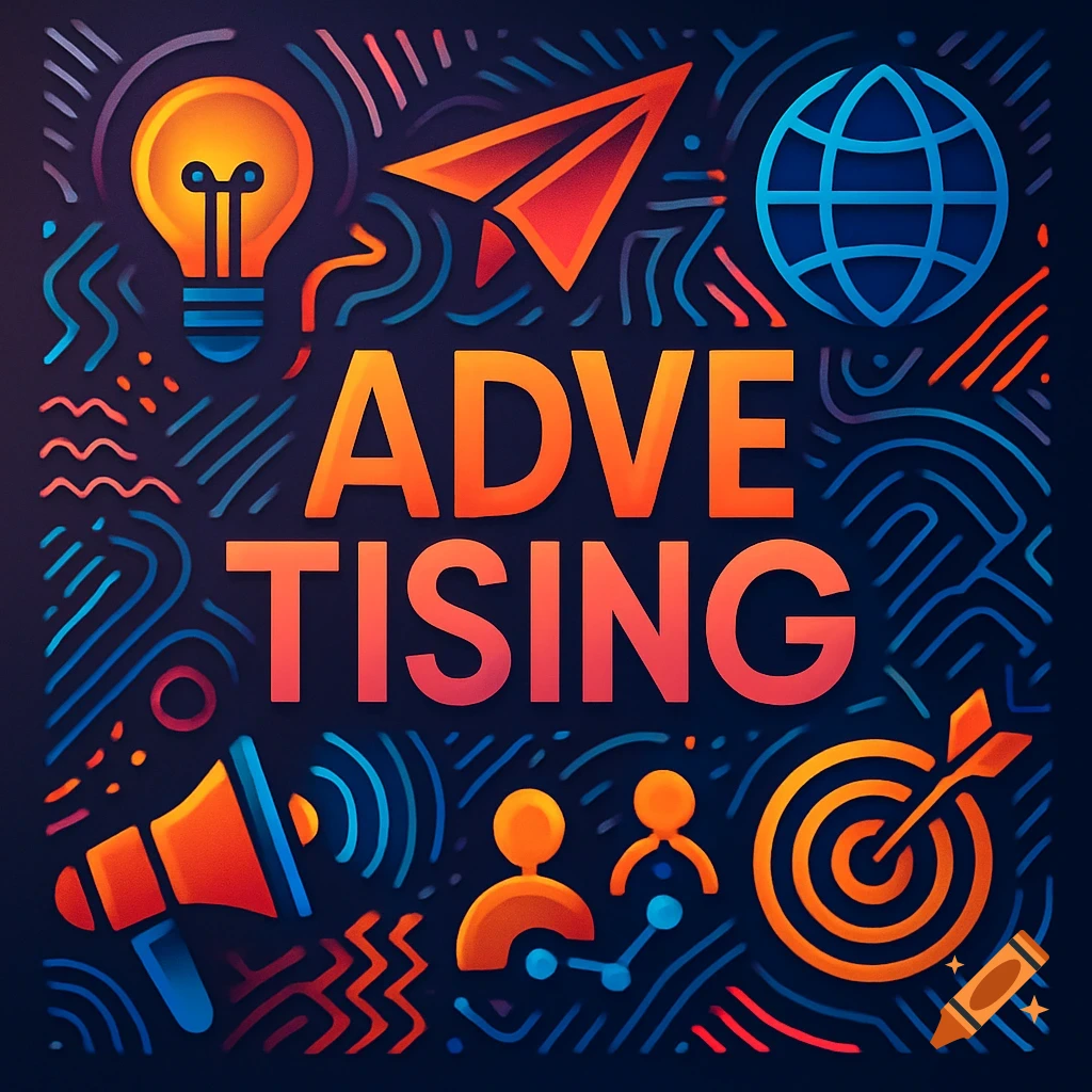 Colorful illustration with the word ADVERTISING surrounded by icons like a lightbulb, paper airplane, globe, megaphone, and target on a dark background.