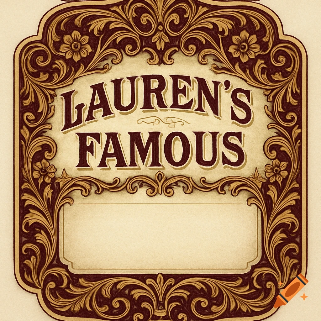 An ornate, handmade label with a dark red and gold floral design, featuring the text "LAUREN'S FAMOUS" at the top and a blank space below.
