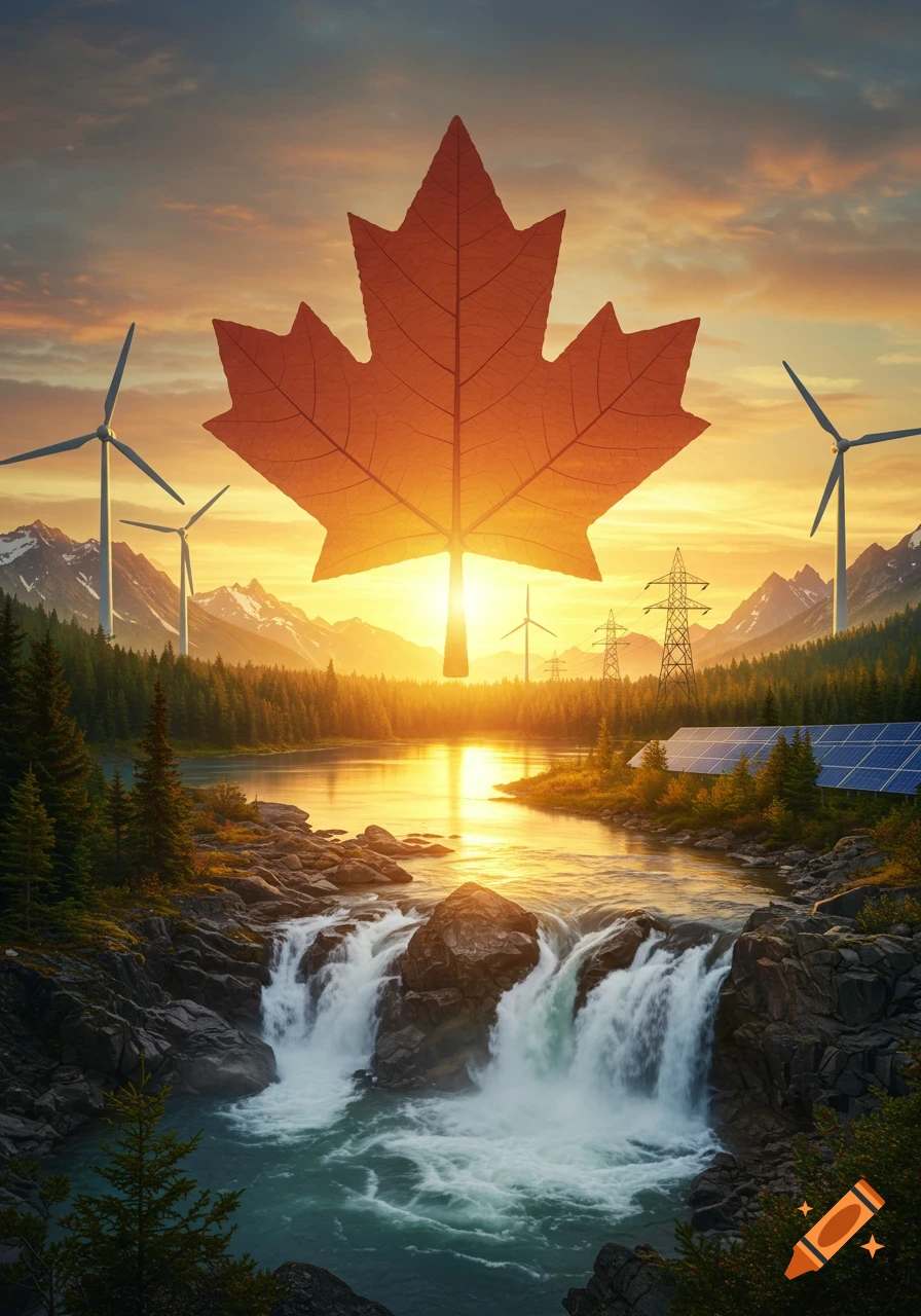 Maple leaf silhouette at sunset over a Canadian landscape with mountains, river, waterfalls, wind turbines, and solar panels.