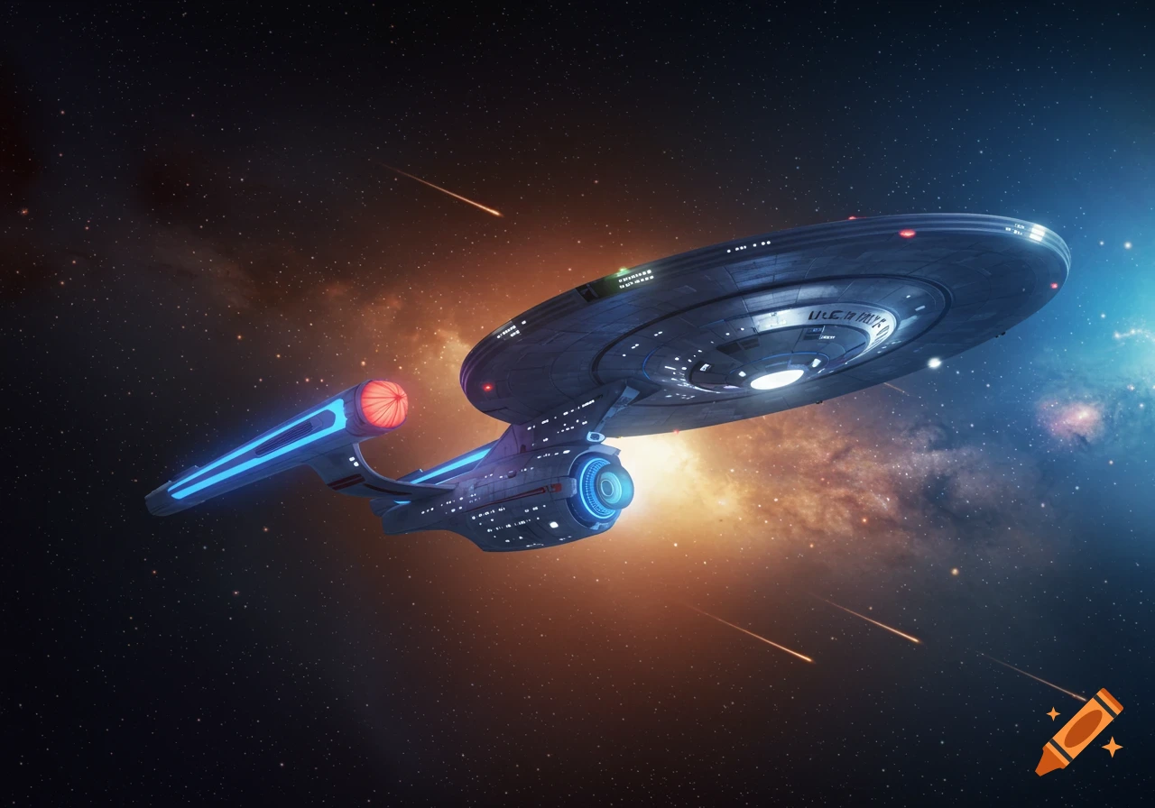 A large, detailed futuristic spaceship with glowing blue engines flies through a vibrant orange and blue nebula with shooting stars.