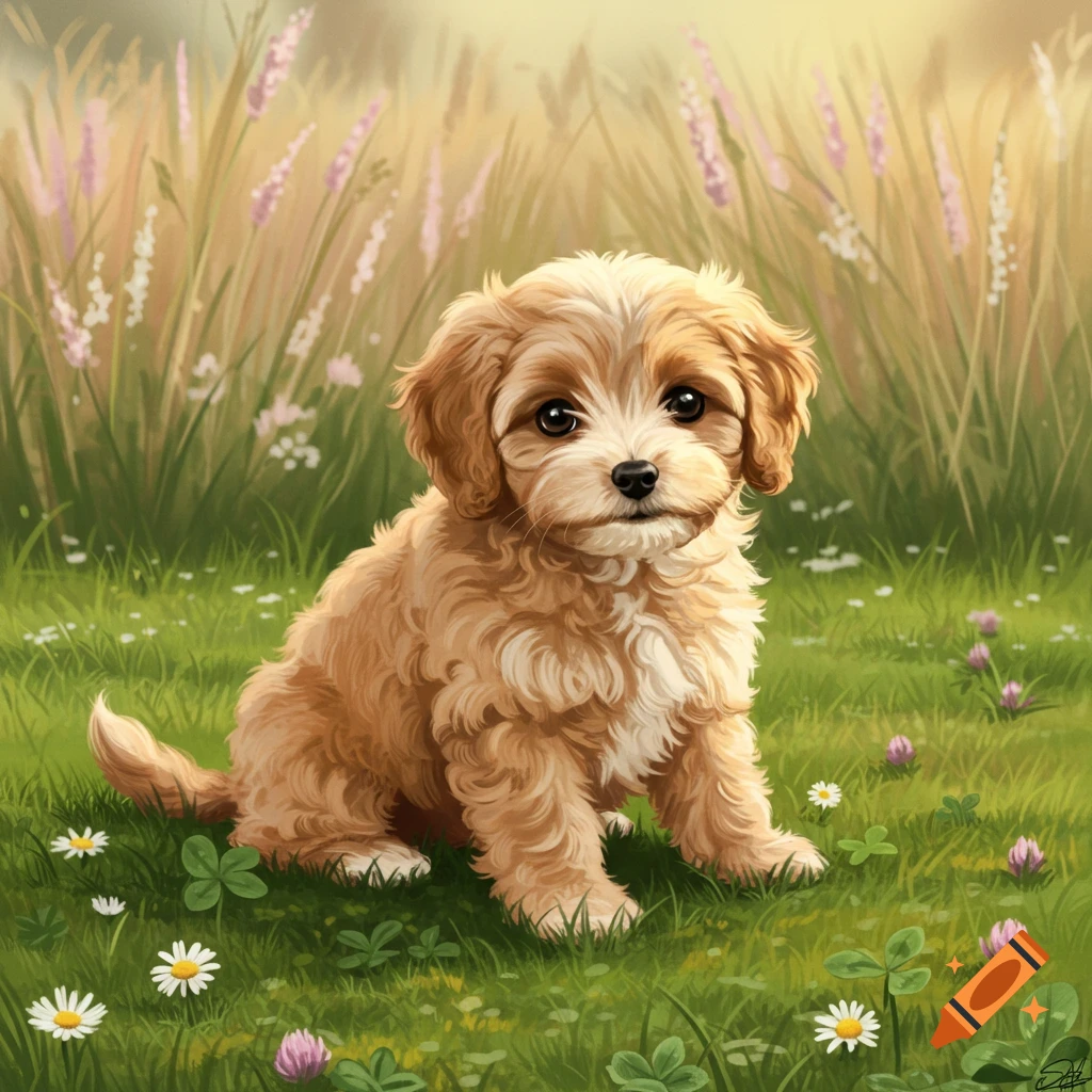 A fluffy beige and white puppy sits in a sunny green field with wildflowers and tall grass.