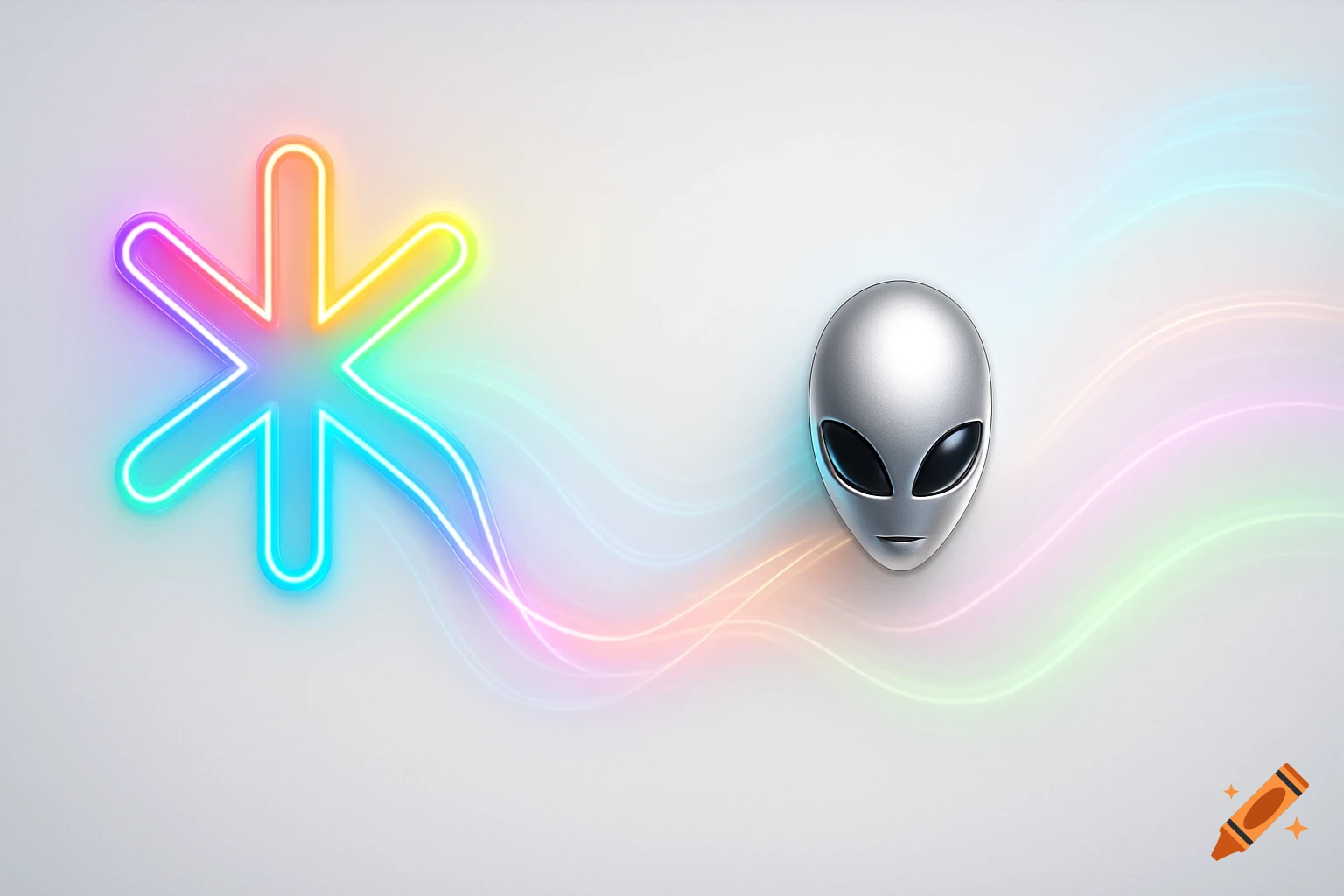 A glowing rainbow asterisk symbol and a silver alien head logo connected by neon energy lines on a bright white background.