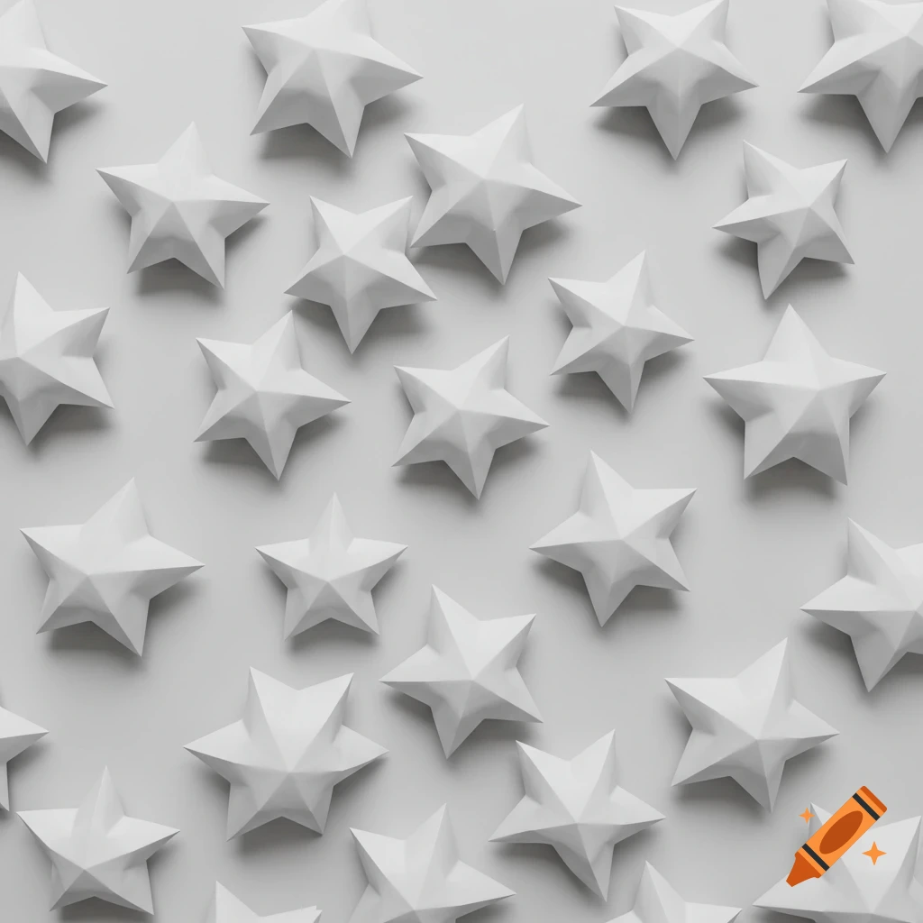 Photorealistic image of many white origami lucky stars scattered on a white surface.