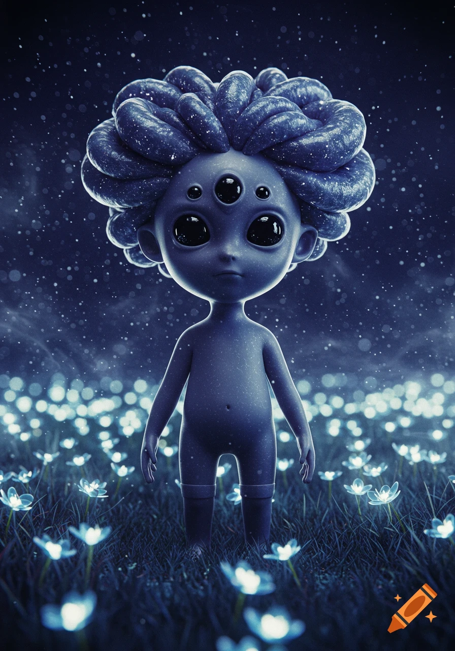 A cute, bluish-gray alien with five black eyes and textured blue hair stands in a field of glowing blue flowers under a starry night.