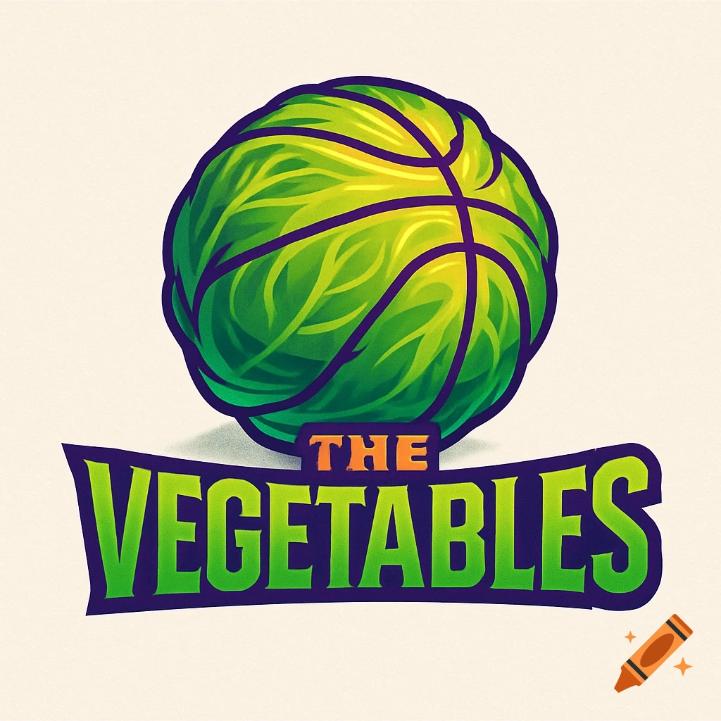 A vibrant green cabbage shaped like a basketball, with a purple outline. Below it, a banner with purple text reads 'THE VEGETABLES' in a sports logo style.