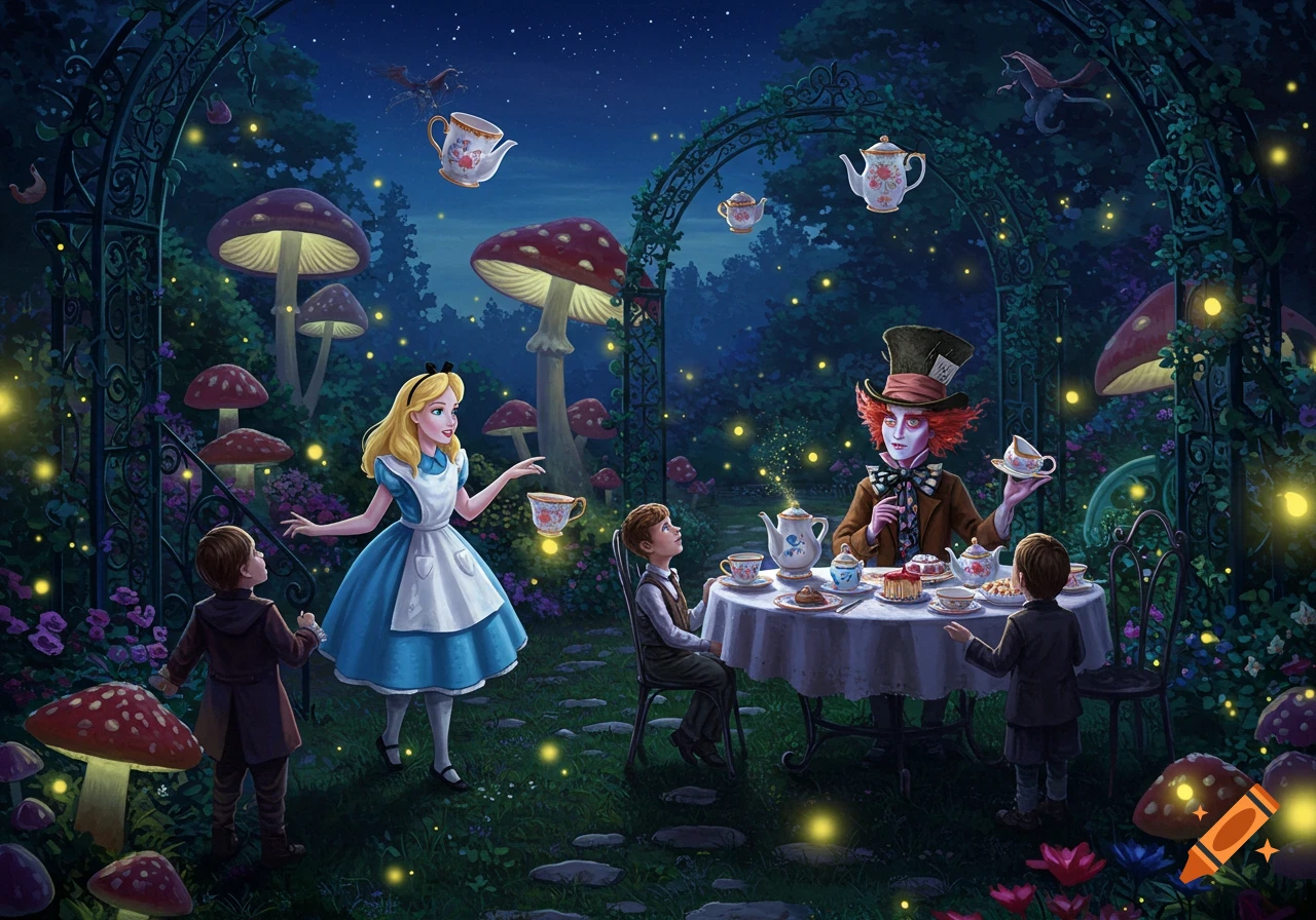 A whimsical night scene in Wonderland with Alice, the Mad Hatter, and two children at a tea party, surrounded by glowing mushrooms, floating teacups, and fireflies.