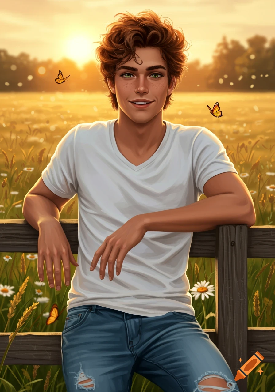 Digital art of a smiling young man with curly brown hair and green eyes ...