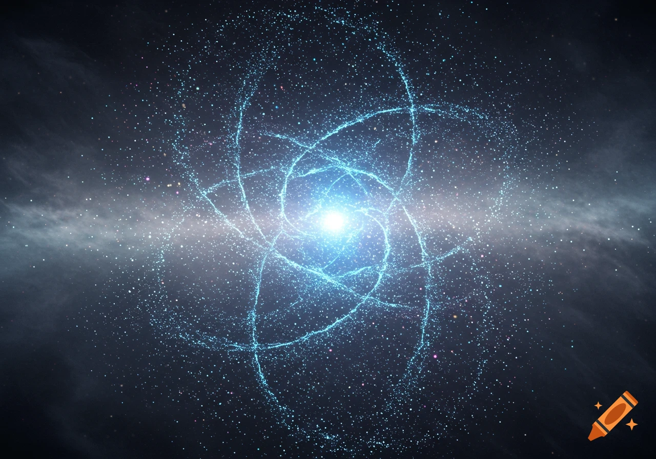 A bright blue light source at the center with swirling luminous blue particle trails and scattered white dots against a dark starry background.