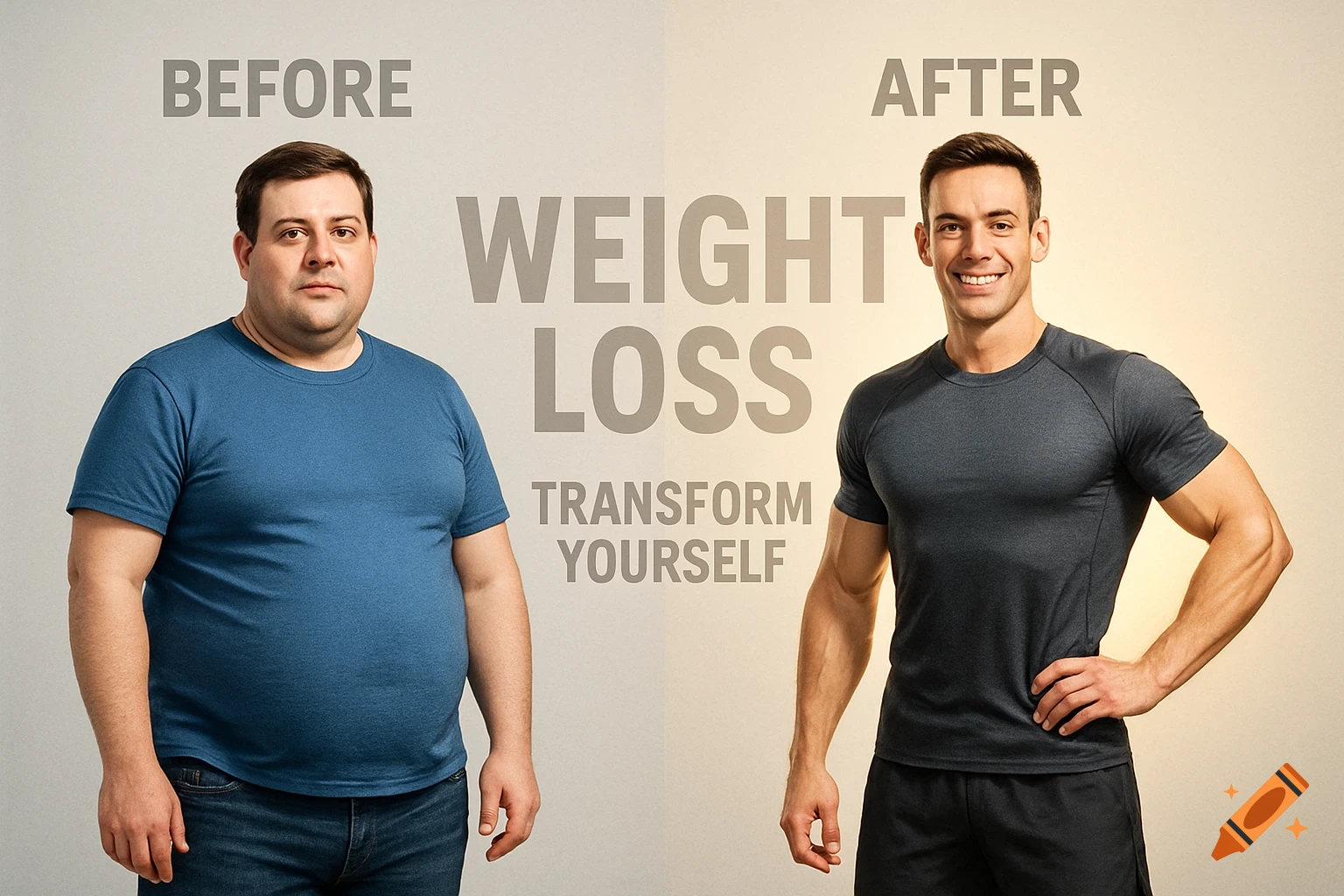 A before and after image of a man showing a weight loss transformation, with text 'BEFORE', 'AFTER', 'WEIGHT LOSS', 'TRANSFORM YOURSELF'.