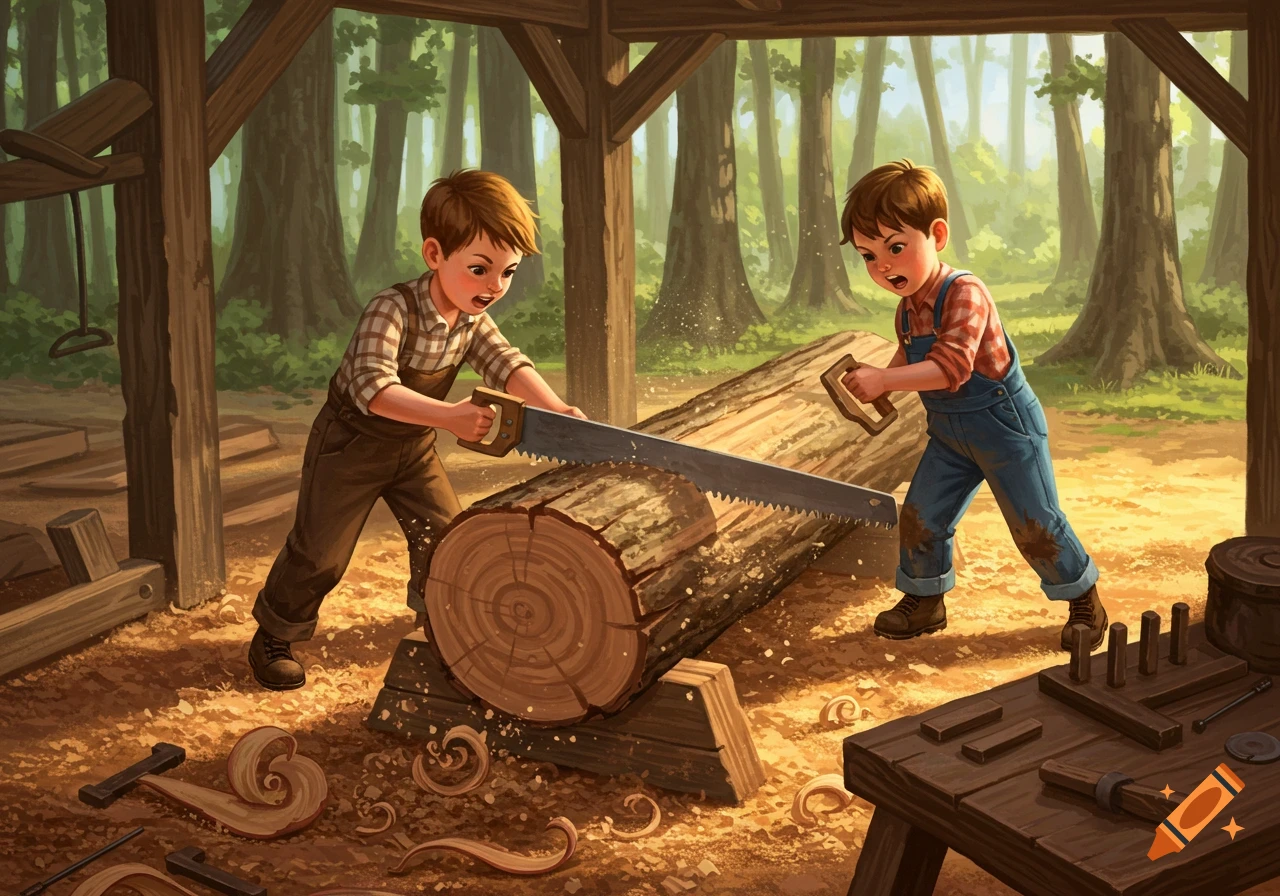 Two young boys diligently saw a large log with a crosscut saw in a rustic wooden shed within a forest, in a detailed illustration style.