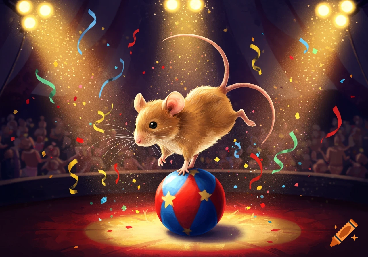 An illustration of a cute mouse balancing on a red and blue circus ball under bright spotlights and falling confetti.