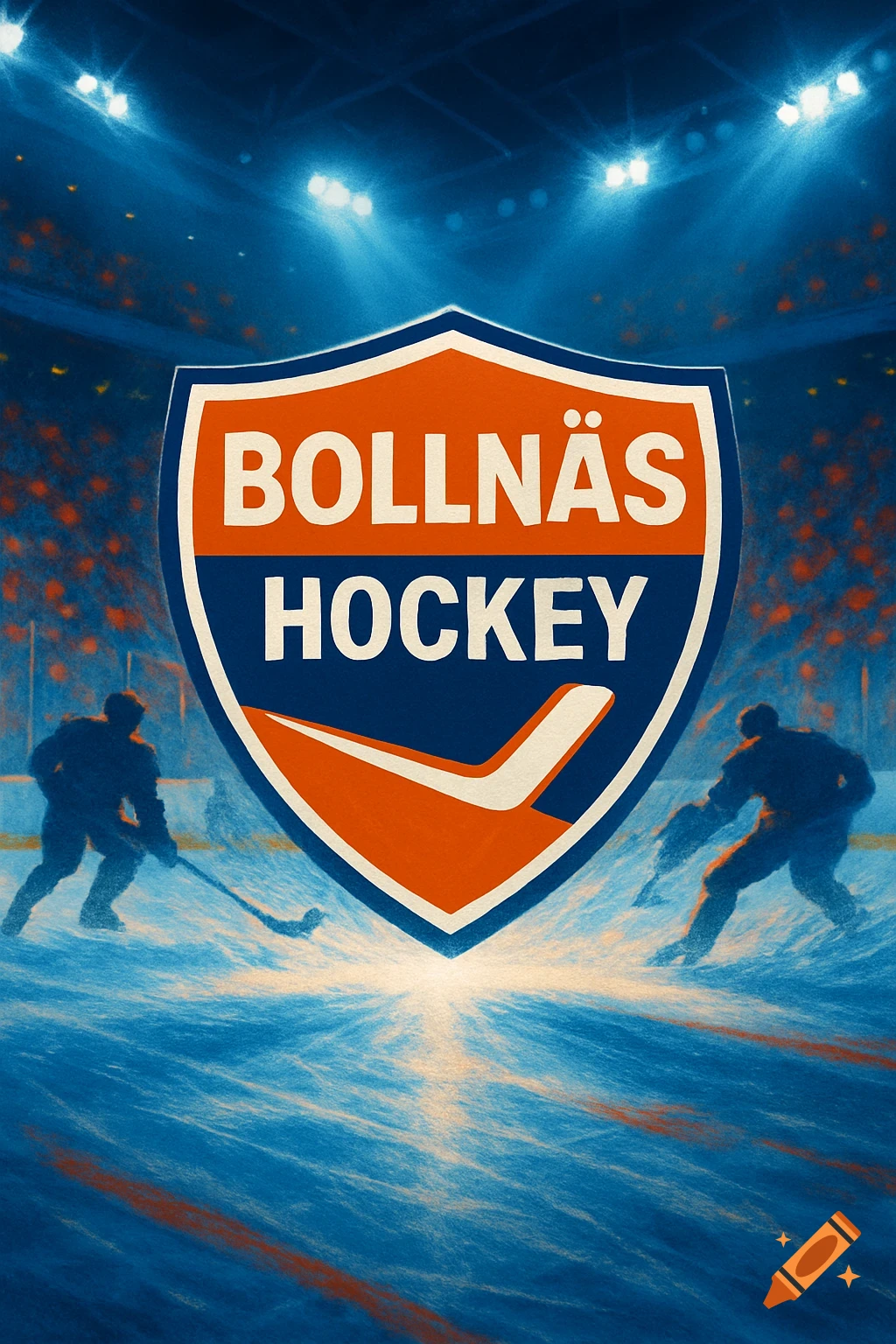 Bollnäs Hockey logo in orange and blue with two silhouetted hockey players on an ice rink in a stadium.