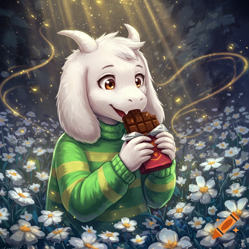 Digital art of Asriel Dreemurr, a white goat-like character, happily eating a chocolate bar surrounded by white flowers and golden light.