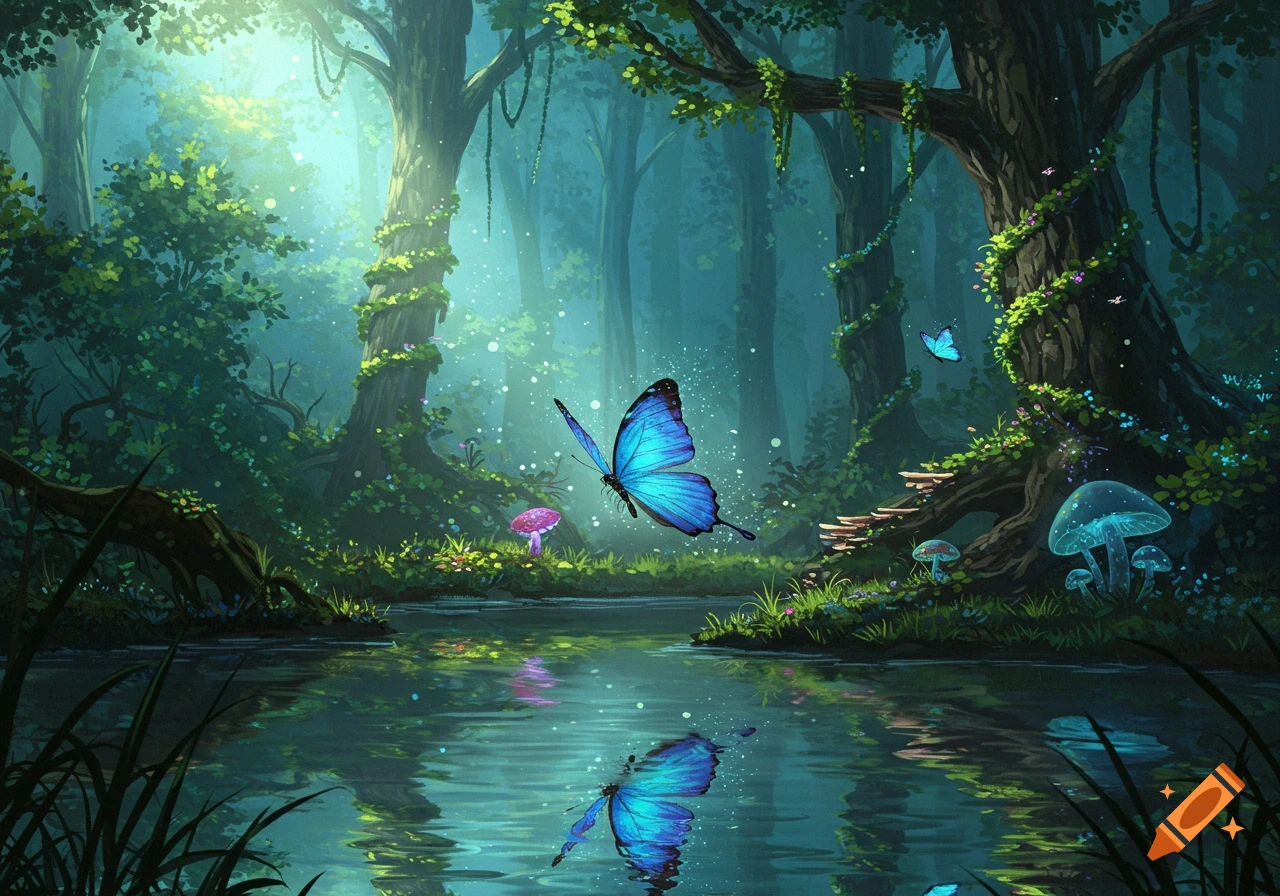 A vibrant blue butterfly hovers over a reflective forest pond, surrounded by tall trees and glowing mushrooms in a magical, ethereal setting.