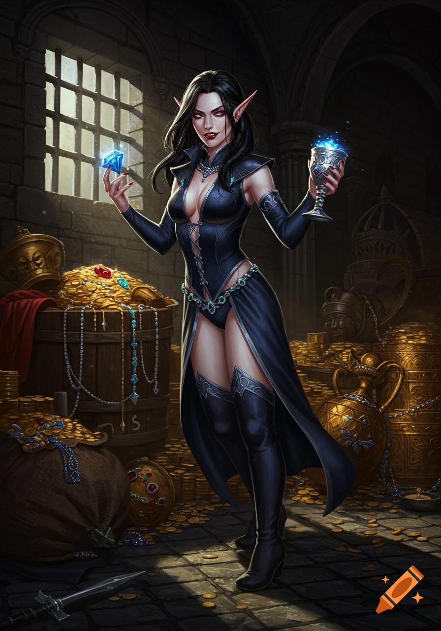 A dark-haired vampire elf in a black outfit stands amidst a pile of gold and jewels, holding a glowing blue gem and a silver goblet. She is in a dungeon-like treasury with a barred window.