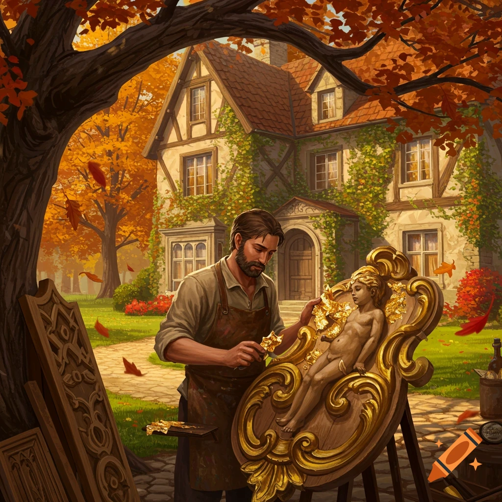 A bearded gilder applies gold leaf to a classical cherub sculpture in a detailed, painterly style, set in an autumn garden with a large house.
