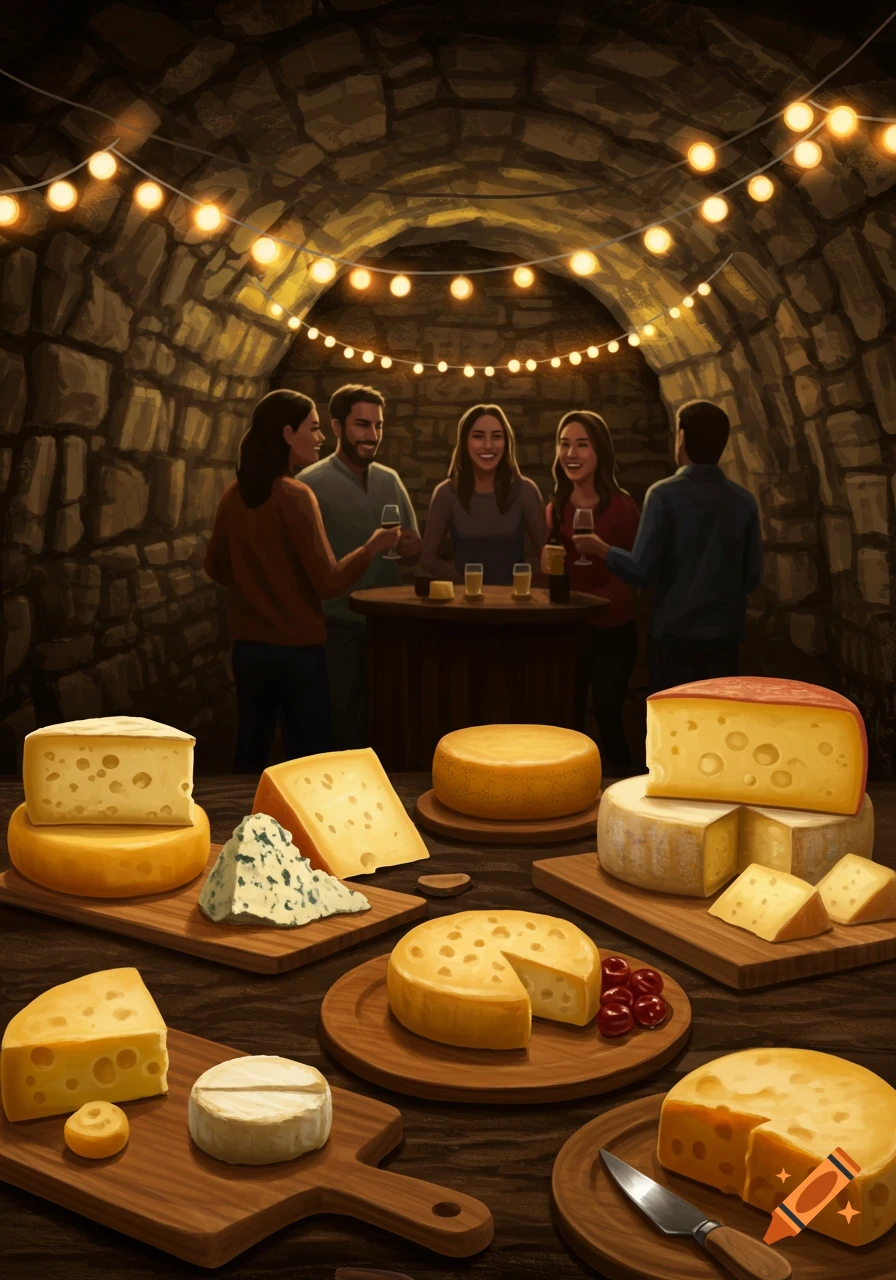 Friends gather in a dimly lit stone cellar for a cheese and wine tasting, surrounded by various cheese wheels and string lights.