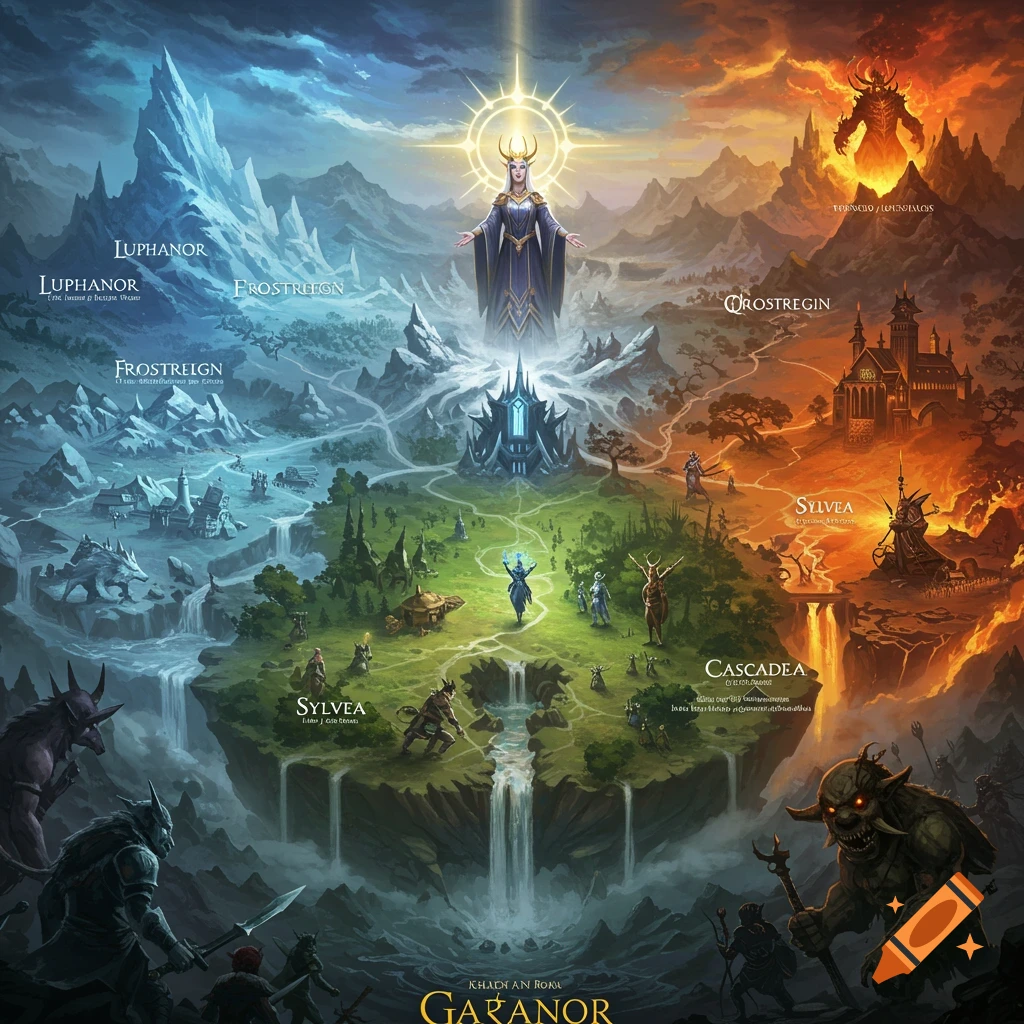 An epic fantasy map depicting a realm split between ice and fire, with a goddess figure at the center and various fantasy creatures and landscapes.